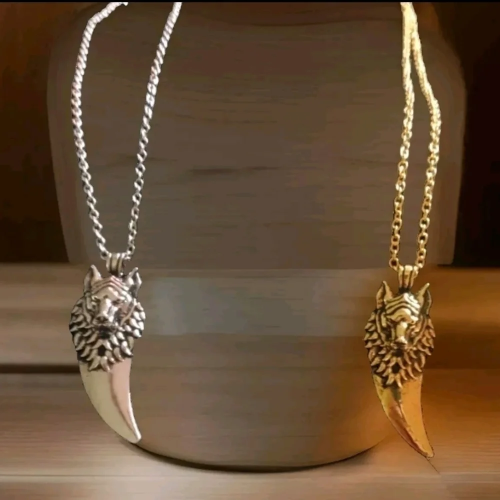 14K Gold Plated Stainless Steel Wolf Head Tooth Pendant Necklace